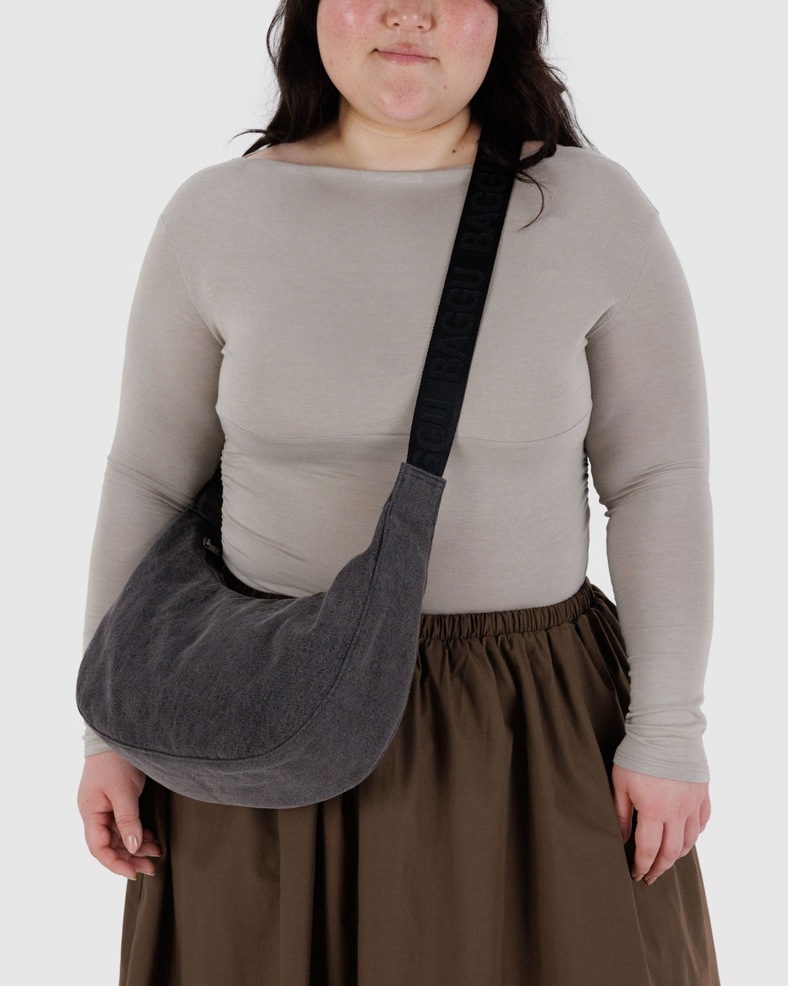 Medium Denim Crescent Bag - Washed Black Denim - Compact Bag